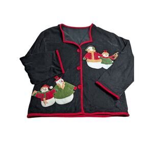 Christmas VTG Black Velvet Snowmen Shacket Cardigan Womens Size Large Holiday